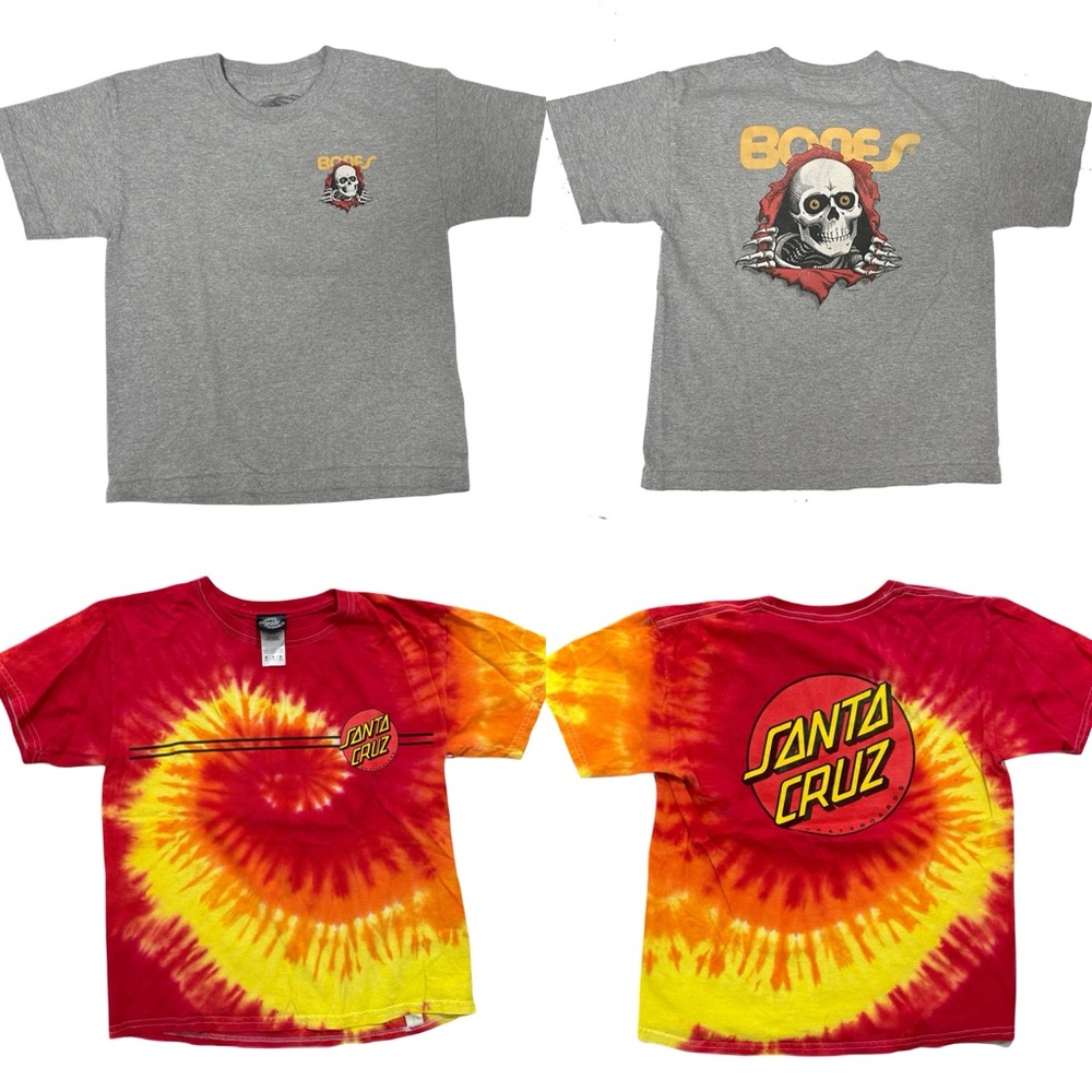 Powell Grey Bones Skateboards & Santa Cruz Skateboards Tie-Dye T-Shirt Size YM